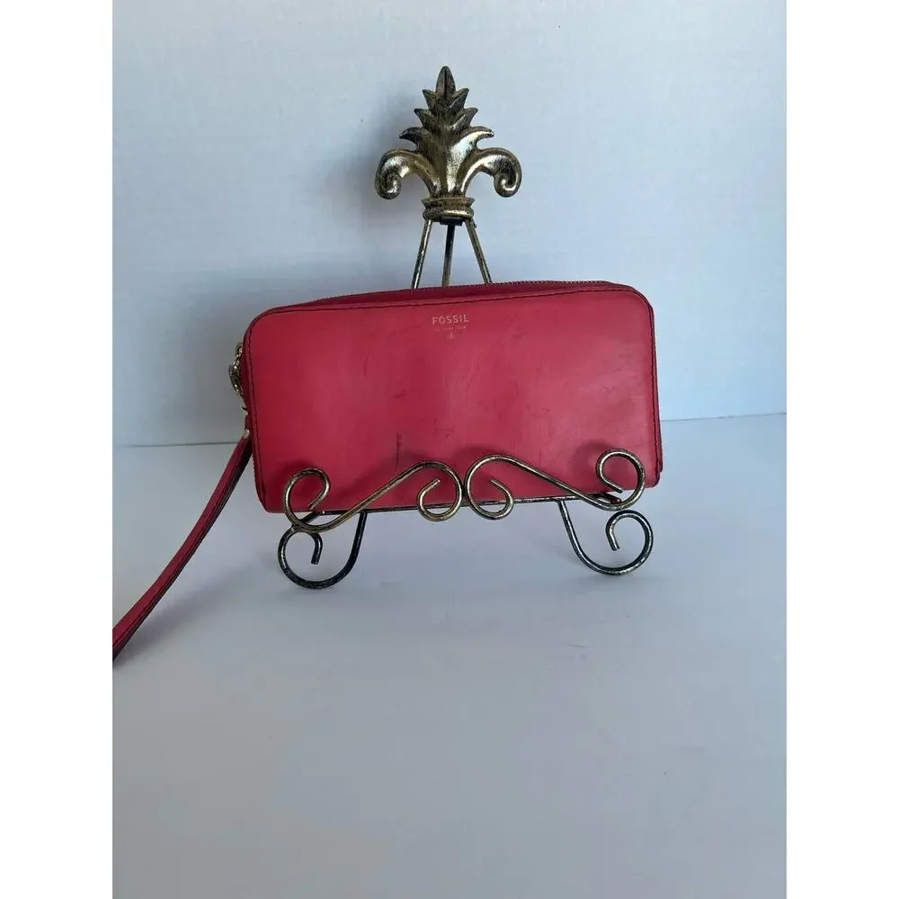Fossil Wristlet Wallet Women‎ OS Coral Leather Zip Around Clutch